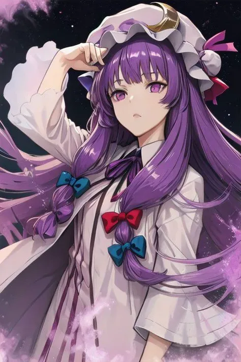 patchouli_knowledge, 1girl, solo, purple hair, purple eyes, long hair, mob cap, crescent hat ornament,