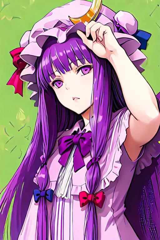 patchouli_knowledge, 1girl, solo, purple hair, purple eyes, long hair, mob cap, crescent hat ornament,