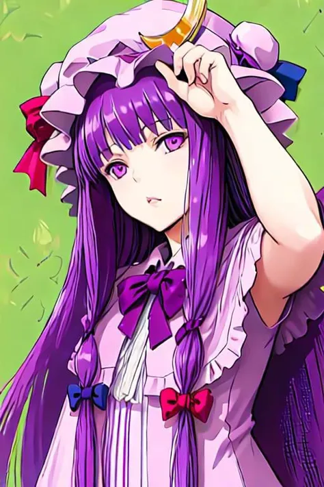 patchouli_knowledge, 1girl, solo, purple hair, purple eyes, long hair, mob cap, crescent hat ornament,