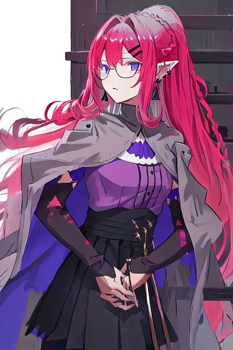 Baobhan Sith\(fate\), bangs, glasses, pointy ears, sidelocks, braid, french braid, ponytail, jewelry, earrings, black high-waist skirt, hairclip, detached sleeves, pantyhose, purple shirt, capelet