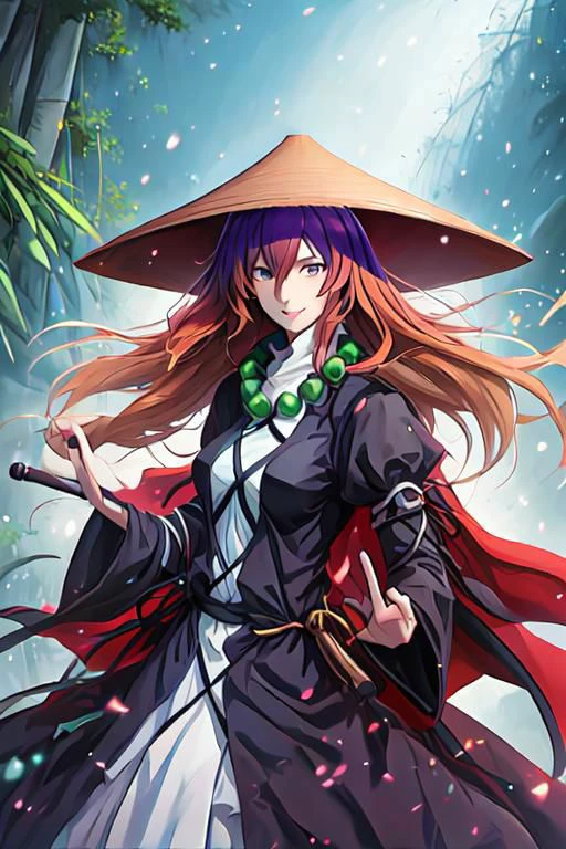 solo, 1girl, solo_focus, bamboo hat, (voluptuous), multicolored_hair, gradient_hair, long_hair, purple_hair, blonde_hair, yellow_eyes, smile, brown_hair, breasts, hijiri byakuren, multicolored hair,long hair,yellow eyes,cape,layered dress,long sleeves, scroll, sorcerer's sutra scroll, ajirogasa,necklace