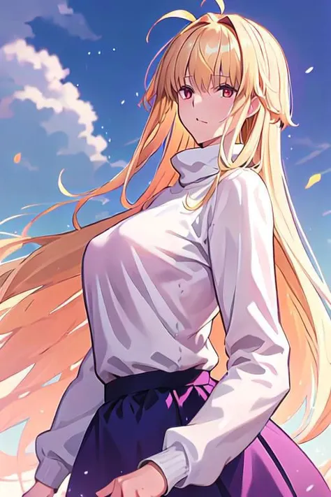 arcueid, blonde hair, red eyes, long hair, very long hair, bangs, ahoge, sidelocks
long skirt, purple skirt, skirt, sweater, turtleneck, white sweater,