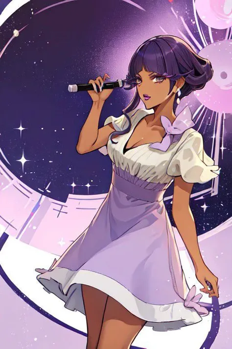 pkmnLip, dark skin, purple hair, brown eyes, lipstick, earring, purple dress, short sleeves, cleavage