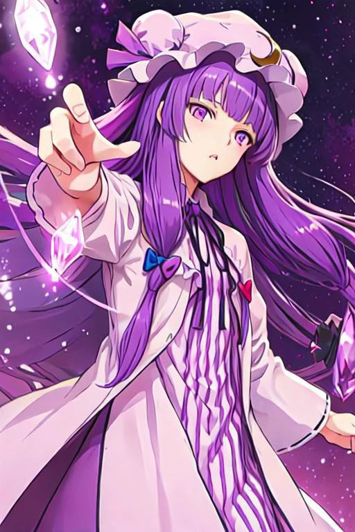 patchouli_knowledge, 1girl, solo, purple hair, purple eyes, long hair, mob cap, crescent hat ornament,