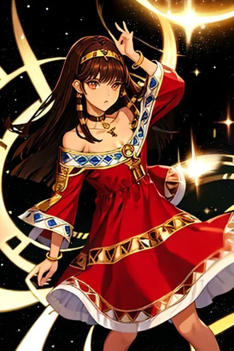 SeraDef, brown eyes, brown hair, bangs, long sleeves, long hair, dress, bare shoulders, jewelry, collarbone, hairband, choker, red dress, dark skin, wide sleeves, necklace, off shoulder, bracelet, dark-skinned female, hair tubes, bangle, egyptian, ankh;