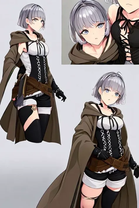 (masterpiece, best quality, ultra detailed, intricate details:1.2), (8k, 4k, beautiful detailed background, beautiful detailed eyes, perfect face, lip, nose, eyelashes), perfect female body, lips,
lyna_the_light_charmer, 1girl, grey eyes, grey hair, short hair, brown robe, open robe, long sleeves, wide sleeves, belt, bare shoulders, cuffs, gloves, short shorts, single glove, black legwear, corset, hooded robe, chackles, thighhighs, bandaged arm, boots,
