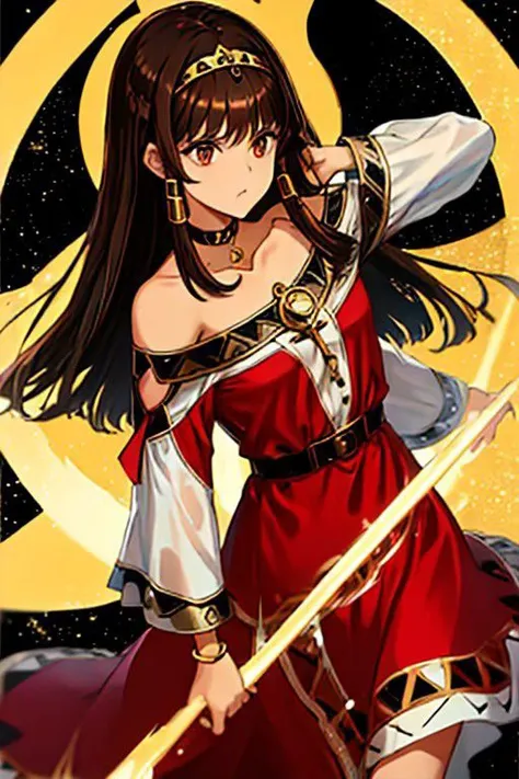 SeraDef, brown eyes, brown hair, bangs, long sleeves, long hair, dress, bare shoulders, jewelry, collarbone, hairband, choker, red dress, dark skin, wide sleeves, necklace, off shoulder, bracelet, dark-skinned female, hair tubes, bangle, egyptian, ankh;