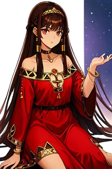 SeraDef, brown eyes, brown hair, bangs, long sleeves, long hair, dress, bare shoulders, jewelry, collarbone, hairband, choker, red dress, dark skin, wide sleeves, necklace, off shoulder, bracelet, dark-skinned female, hair tubes, bangle, egyptian, ankh;