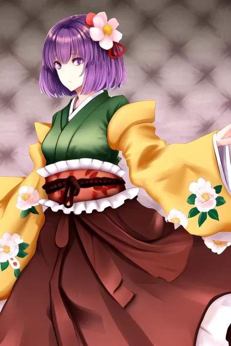 1girl,short hair,purple hair, purple eyes, hair ornament, hair flower,japanese clothes, green kimono,wide sleeves, hakama,frilled skirt,red skirt,floral print,