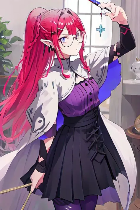 Baobhan Sith\(fate\), bangs, glasses, pointy ears, sidelocks, braid, french braid, ponytail, jewelry, earrings, black high-waist skirt, hairclip, detached sleeves, pantyhose, purple shirt, capelet