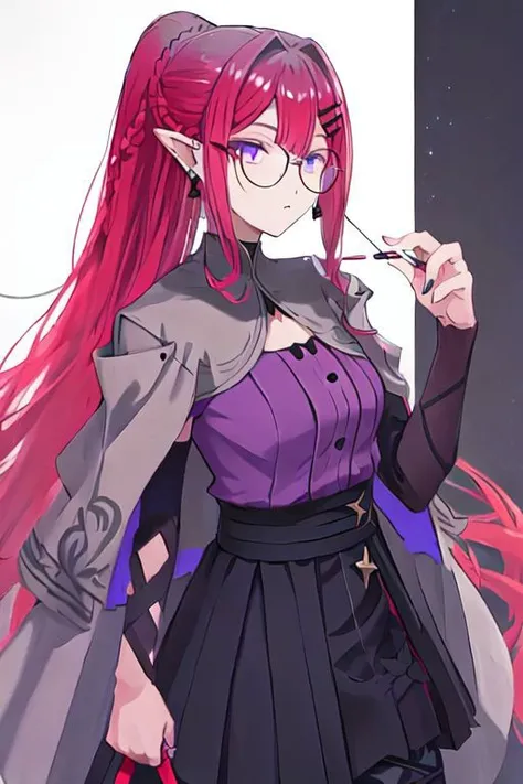 Baobhan Sith\(fate\), bangs, glasses, pointy ears, sidelocks, braid, french braid, ponytail, jewelry, earrings, black high-waist skirt, hairclip, detached sleeves, pantyhose, purple shirt, capelet