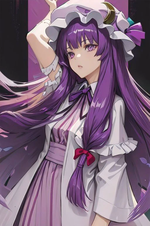 patchouli_knowledge, 1girl, solo, purple hair, purple eyes, long hair, mob cap, crescent hat ornament,