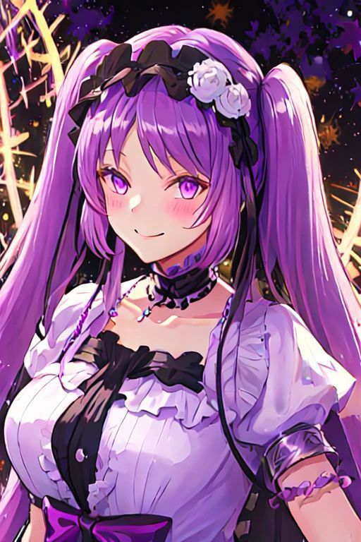 euryale_fgo, long_hair, purple_hair, twintails, hairband, purple_eyes, ta_hairband, very_long_hair, bangs, jewelry, blush, smile, collarbone, breasts