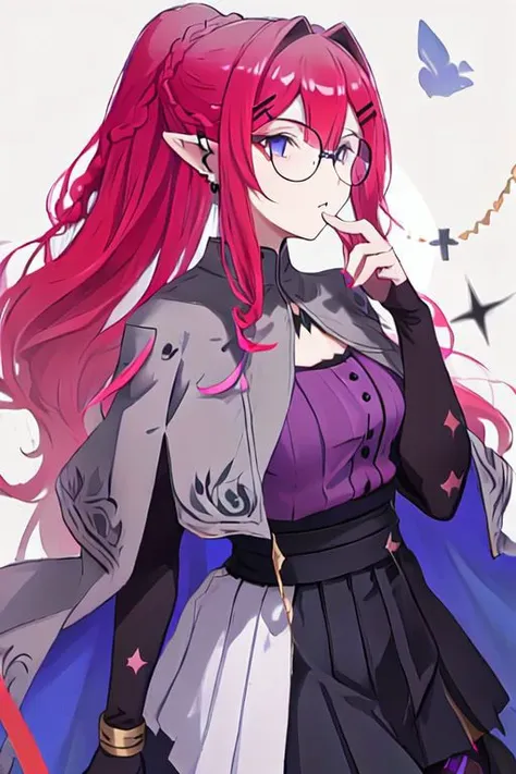 Baobhan Sith\(fate\), bangs, glasses, pointy ears, sidelocks, braid, french braid, ponytail, jewelry, earrings, black high-waist skirt, hairclip, detached sleeves, pantyhose, purple shirt, capelet