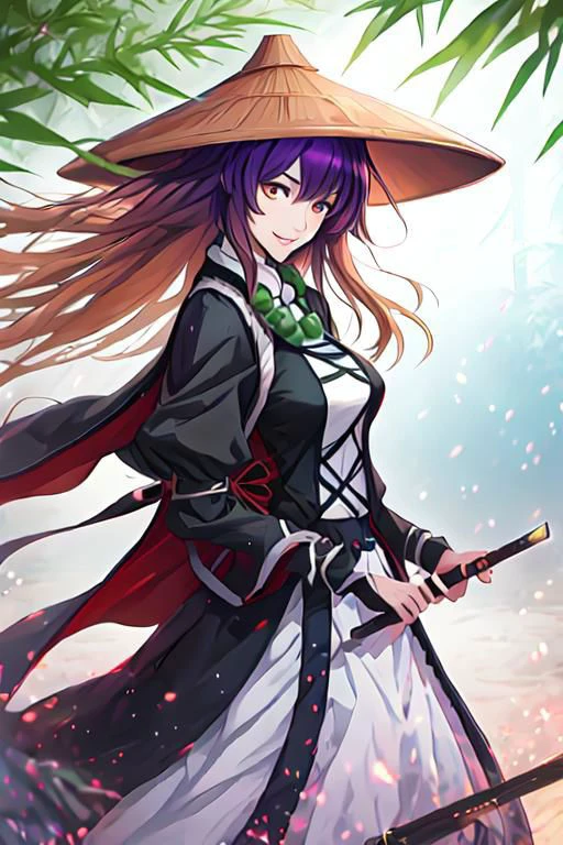 solo, 1girl, solo_focus, bamboo hat, (voluptuous), multicolored_hair, gradient_hair, long_hair, purple_hair, blonde_hair, yellow_eyes, smile, brown_hair, breasts, hijiri byakuren, multicolored hair,long hair,yellow eyes,cape,layered dress,long sleeves, scroll, sorcerer's sutra scroll, ajirogasa,necklace