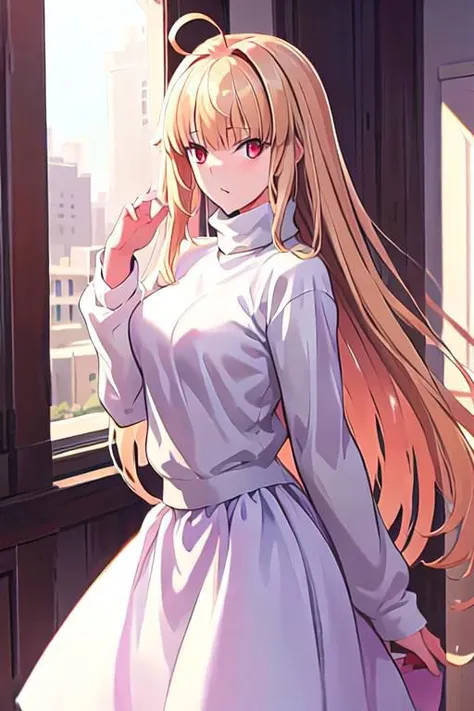 arcueid, blonde hair, red eyes, long hair, very long hair, bangs, ahoge, sidelocks
long skirt, purple skirt, skirt, sweater, turtleneck, white sweater,