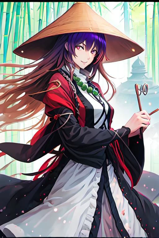 solo, 1girl, solo_focus, bamboo hat, (voluptuous), multicolored_hair, gradient_hair, long_hair, purple_hair, blonde_hair, yellow_eyes, smile, brown_hair, breasts, hijiri byakuren, multicolored hair,long hair,yellow eyes,cape,layered dress,long sleeves, scroll, sorcerer's sutra scroll, ajirogasa,necklace