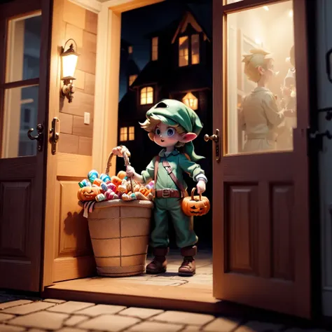 link handing standing in the doorway of a house, holding a bucket of candy while a huge number kids on in costumes, grab candy out of the bucket. The background is a festive Halloween scene at night. <lora:people_count_slider_v1:0.8> <lora:add_detail:0.8> <lora:add_saturation:0.8>