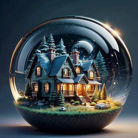 mini house, landscape, old fashion, nature, night light, a bubble, in the bubble, high detailed, masterpiece, best quality, <lora:Bubble_Sora:0.4>, (masterpiece,best quality:1.5)