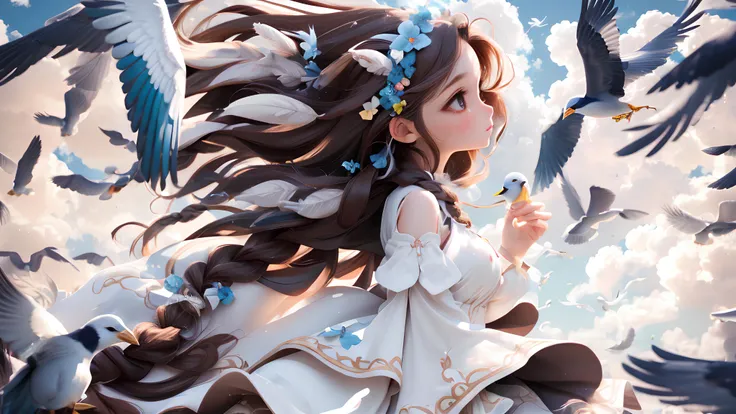1girl,long hair,bird,dress,solo,brown hair,braid,cloud,sky,white dress,day,feathers,brown eyes,blue sky,detached sleeves,profile,bare shoulders,very long hair,hair ornament,long sleeves,animal,blush,outdoors,from side,holding,breasts,depth of field,