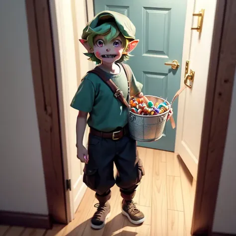 link handing standing in front of a door and holding a bucket full of candy for large number of kids to get halloween candy.