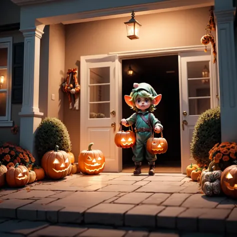 link handing standing in the doorway of a house, holding a bucket of candy while a huge number kids on in costumes, grab candy out of the bucket. The background is a festive Halloween scene at night. <lora:people_count_slider_v1:0.8> <lora:add_detail:0.8> <lora:add_saturation:0.8>