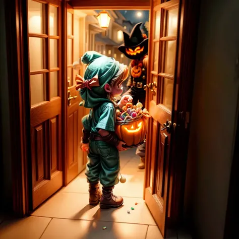 link handing standing in the doorway of a house, holding a bucket of candy while a huge number kids on in costumes, grab candy out of the bucket((many kids around Link:0.8)). The background is a festive Halloween scene at night. <lora:people_count_slider_v1:2.0> <lora:add_detail:2.0> <lora:add_saturation:2.0>