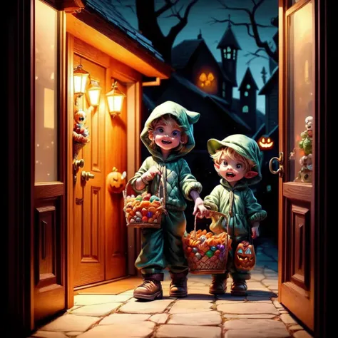 link handing standing in the doorway of a house, holding a bucket of candy while a huge number kids on in costumes, grab candy out of the bucket((many kids around Link:0.8)). The background is a festive Halloween scene at night. <lora:people_count_slider_v1:2.0> <lora:add_detail:2.0> <lora:add_saturation:2.0>