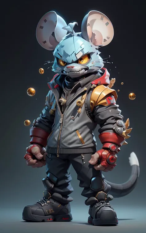 <lora:c4tt4stic:0.95>,mouse,masterpiece,best quality,8k,official art,cinematic light,ultra high res,solo,full_shot,shoes,(sunglasses:0.9),(only one tail:1.1),clear tail,(clear face:1.1),mecha,power_armor,red and black color scheme,add red, black, and gold,ray tracing,absurdres,brandish one's fist,