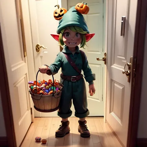 link handing standing in front of a door and holding a bucket full of candy for large number of kids to get halloween candy.