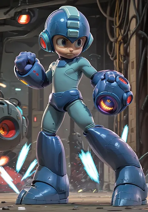 <lora:Megaman1:1> megaman, boy in a bodysuit, helmet, fist, with an arm cannon, shooting a blazing shot of gamma rays, dynamic pose,
in a scifi hangar, robot, cables, lamps, sparks
