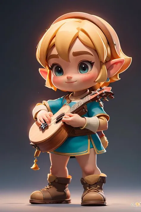 masterpiece,best quality,8k,official art,cinematic light,ultra high res,solo,full_shot,,(playing_instrument:1.3),ukulele,(1girl backlighting,standing ),boots,light smile,peaceful,<lora:zelda_shorthair_v5:0.5>,zelda\(princess\),short hair,(blonde hair:1.2),(simple_background:1.2),kawaii,