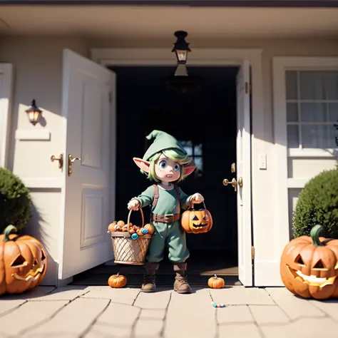 link handing standing in the doorway of a house, holding a bucket of candy while a huge number kids in costumes get candy for Halloween. The background is a festive Halloween scene.