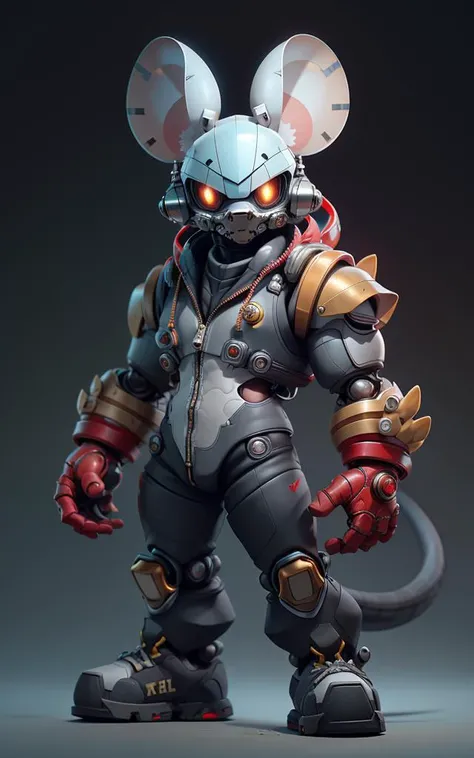 <lora:c4tt4stic:0.95>,mouse,masterpiece,best quality,8k,official art,cinematic light,ultra high res,solo,full_shot,shoes,(sunglasses:0.9),(only one tail:1.1),clear tail,(clear face:1.1),mecha,(power_armor:1.1),red and black color scheme,add red, black, and gold,ray tracing,absurdres,