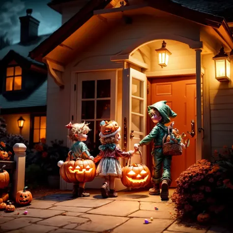 link handing standing in the doorway of a house, holding a bucket of candy while a huge number kids on in costumes, grab candy out of the bucket((many kids around Link:0.8)). The background is a festive Halloween scene at night. <lora:people_count_slider_v1:2.0> <lora:add_detail:2.0> <lora:add_saturation:2.0>