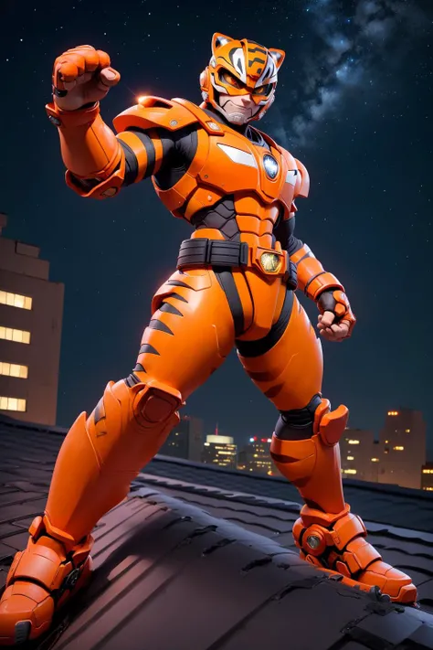 Orange tiger power ranger in a fighting stance, rooftop, night sky,