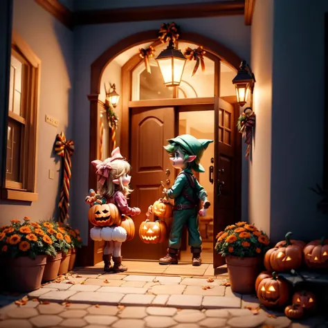 link handing standing in the doorway of a house, holding a bucket of candy while a huge number kids on in costumes, grab candy out of the bucket. The background is a festive Halloween scene at night. <lora:people_count_slider_v1:0.8> <lora:add_detail:0.8> <lora:add_saturation:0.8>