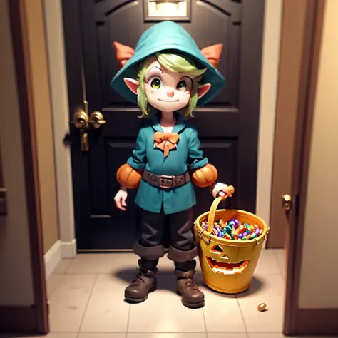 link handing standing in front of a door and holding a bucket full of candy for large number of kids to get halloween candy.