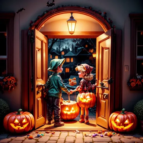 link handing standing in the doorway of a house, holding a bucket of candy while a huge number kids on in costumes, grab candy out of the bucket((many kids around Link:0.8)). The background is a festive Halloween scene at night. <lora:people_count_slider_v1:4.0> <lora:add_detail:2.0> <lora:add_saturation:2.0>