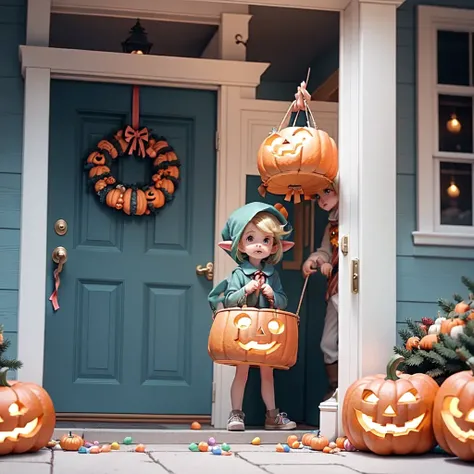 link handing standing in the doorway of a house, holding a bucket of candy while a huge number kids in costumes get candy for Halloween. The background is a festive Halloween scene.