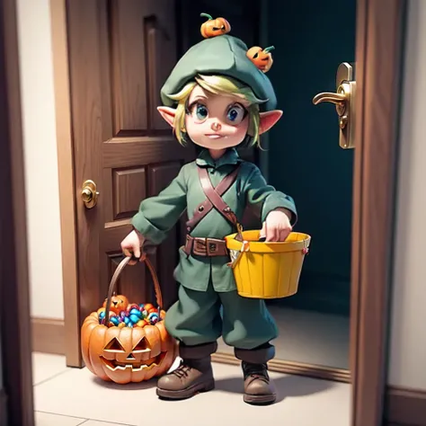 link handing standing in front of a door and holding a bucket full of candy for large number of kids to get halloween candy.