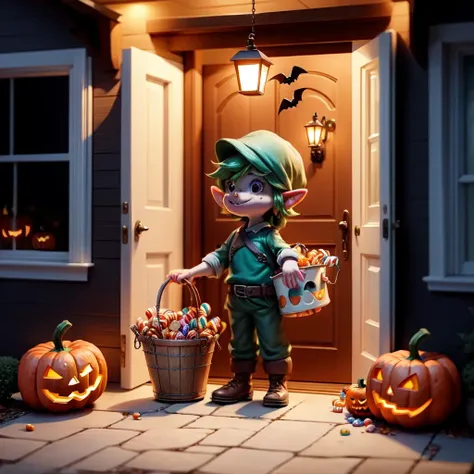 link handing standing in the doorway of a house, holding a bucket of candy while a huge number kids on in costumes, grab candy out of the bucket. The background is a festive Halloween scene at night. <lora:people_count_slider_v1:0.8> <lora:add_detail:0.8> <lora:add_saturation:0.8>