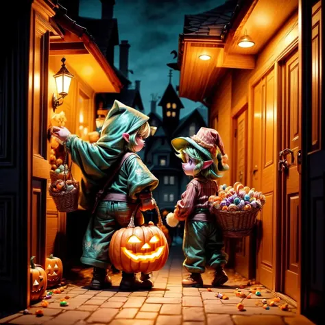 link handing standing in the doorway of a house, holding a bucket of candy while a huge number kids on in costumes, grab candy out of the bucket((many kids around Link:0.8)). The background is a festive Halloween scene at night. <lora:people_count_slider_v1:4.0> <lora:add_detail:2.0> <lora:add_saturation:2.0>