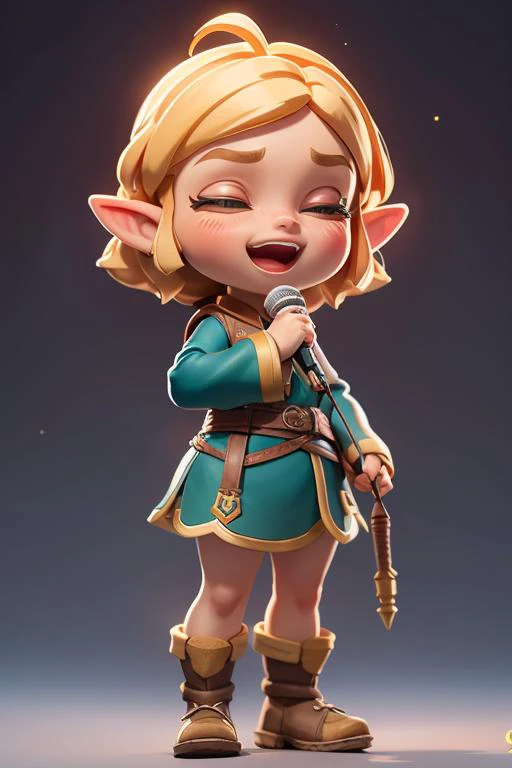 masterpiece,best quality,8k,official art,cinematic light,ultra high res,solo,full_shot,,sing,singing,(1girl backlighting,standing ),boots,light smile,peaceful,<lora:zelda_shorthair_v5:0.4>,zelda\(princess\),short hair,(blonde hair:1.2),(simple_background:1.2),kawaii,many little elves are floating,heart_hair_ornament,holding a microphone in hand,eyes closed,the feeling of enjoyment,