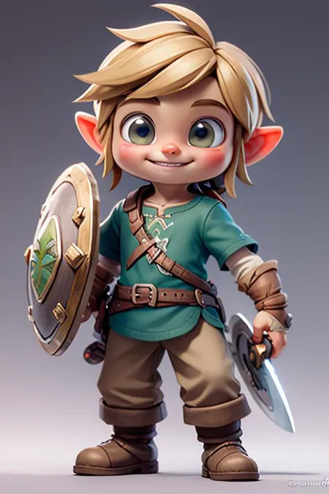 masterpiece,best quality,8k,official art,cinematic light,ultra high res,solo,full_shot,,(1boy link backlighting,standing ),smile,kind_smile,happiness,boots,peaceful,(simple_background:1.2),kawaii,many little elves are floating,<lora:link_offset:0.8>,holding_sword,holding_shield,slashing,expose teeth,proud,clear fingers,