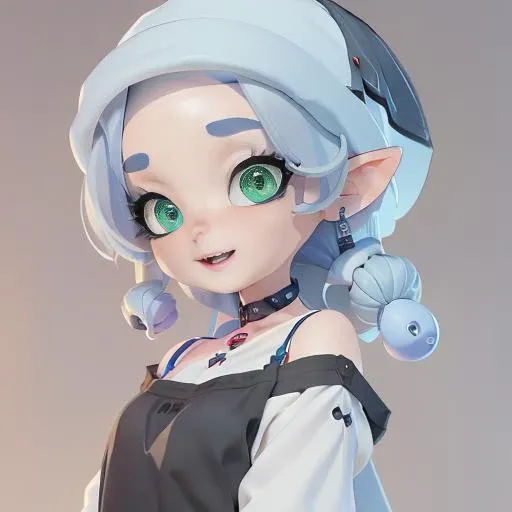 8k ,Masterpiece, Best Quality, best quality face, beautiful eyes, CappyCipJellyling, 1girl, solo, long hair, looking at viewer, smile, open mouth, simple background, long sleeves, hat, green eyes, blue hair, upper body, choker, pointy ears, grey background, blue headwear, tentacle hair, beanie, colored tongue, blue tongue