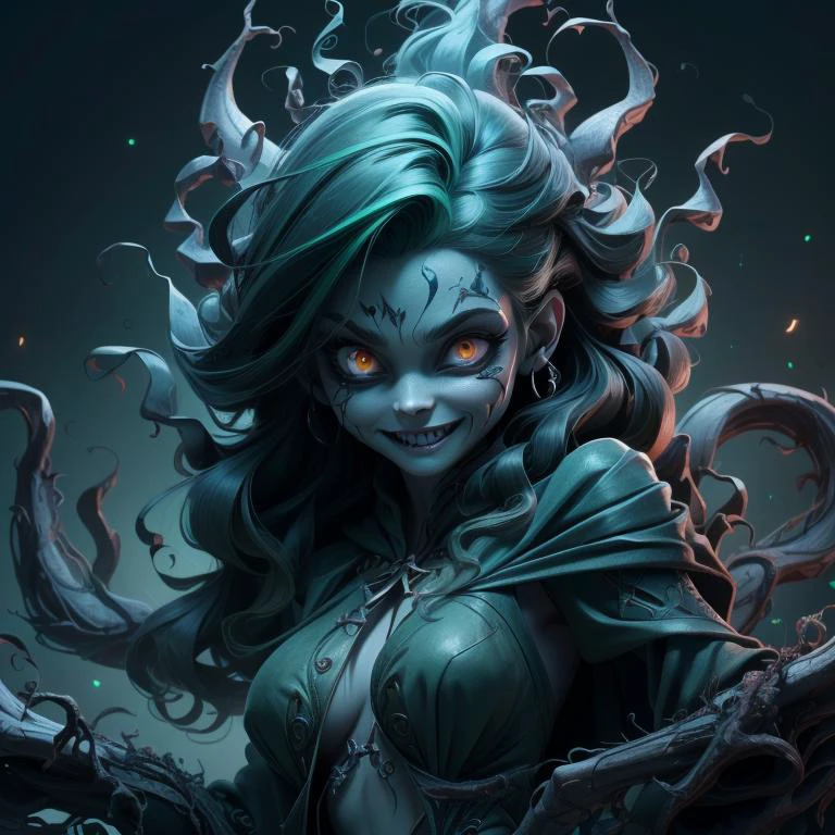(cartoon, cgi render:1.5),
(masterpiece, 8k, hdr, best quality, perfect, dynamic:1.5),
1 woman, model, beautiful, glowing eyes, (evil witch:1.3), evil smile, (green chaos energy:1.1), (ripped robes:1.2), black sludge, toxic,
floating hair, conjuring green energy, power, chanting encantation,
shoulders, navel,
OverallDetail,
<lora:DonMD3m0nV31ns:0.4> DonMD3m0nV31ns, demonic, veins, organic, bio,
<lora:DreadTech:0.3> dreadtech , disturbing