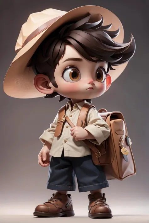 masterpiece, best quality, 8k, official art, cinematic light, ultra high res, 1boy, solo, bag, brown eyes, hat, brown hair, full body, standing, short hair, grey background