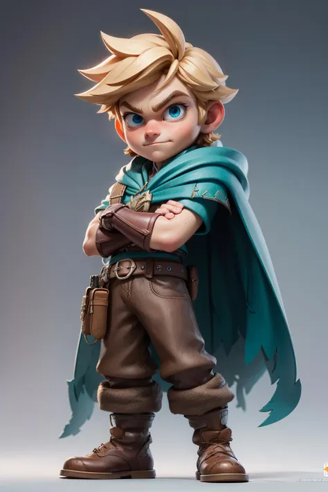 masterpiece, best quality, 8k, official art, cinematic light, ultra high res, 1boy, adventurer, solo, crossed arms, blonde hair, blue eyes, cape, boots, standing, full body, short hair, brown footwear