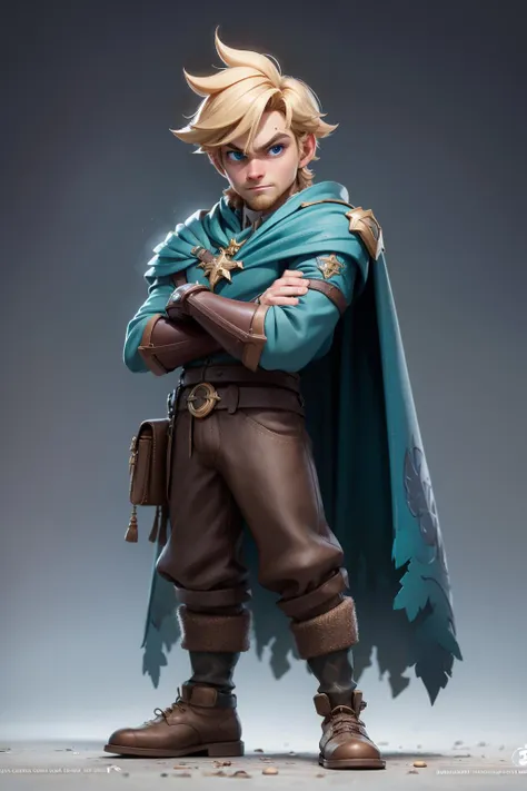 masterpiece, best quality, 8k, official art, cinematic light, ultra high res, 1boy, solo, crossed arms, blonde hair, blue eyes, cape, boots, watermark, standing, full body, short hair, brown footwear